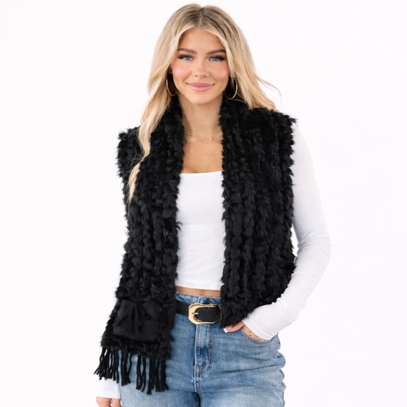 FURLUX Coquette Stylish Casual Chic Black Fur Scarf/Vest Fringes Y2K Size S - Picture 1 of 7